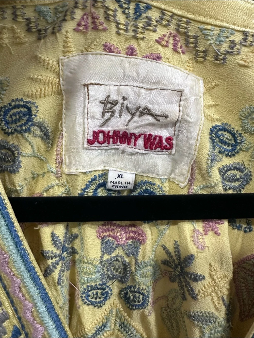 BIYA by Johnny Was XL Yellow Embroidered Lace-Up Boho Tunic Blouse Floral